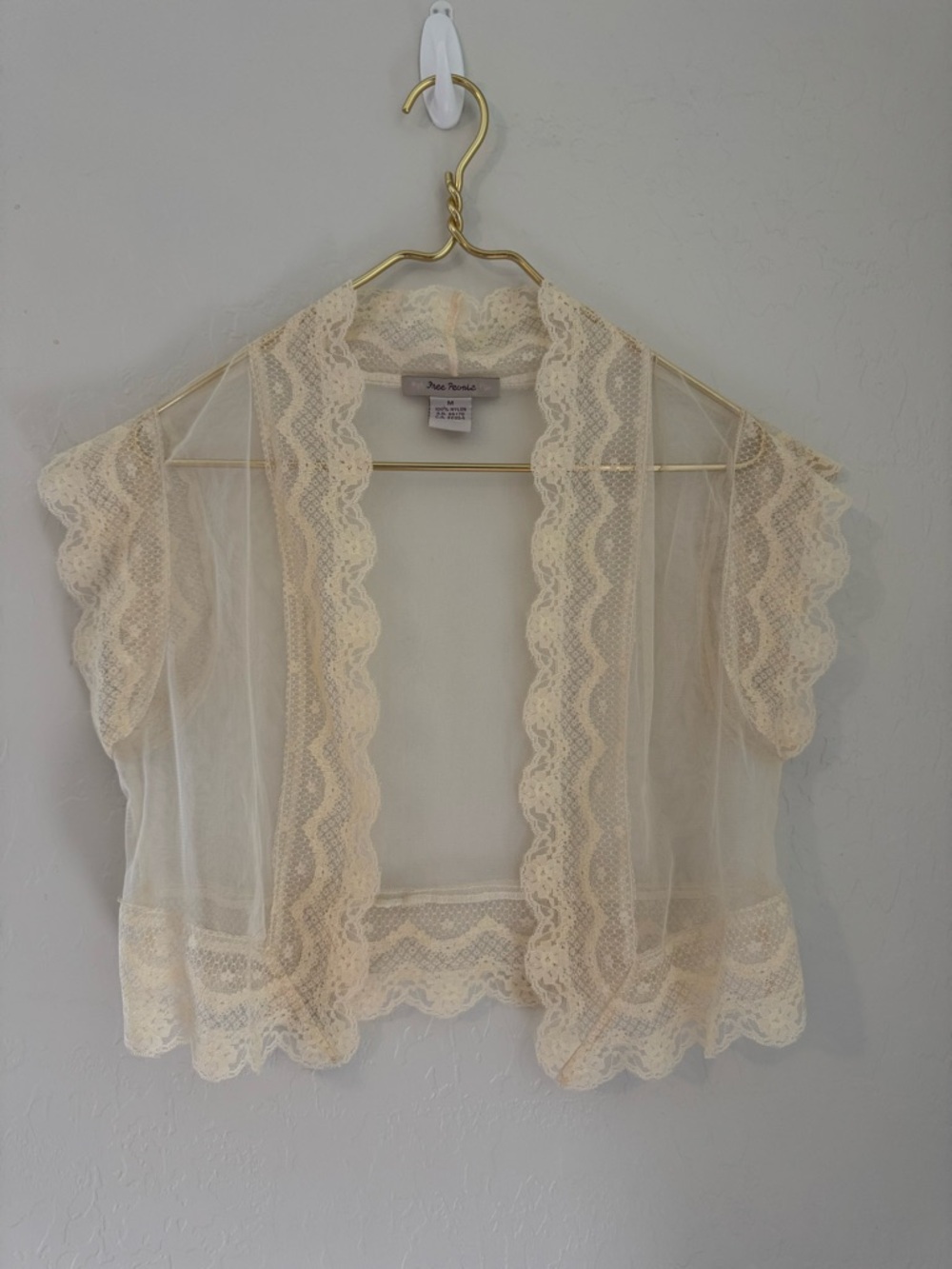Vintage 90s Free People Lace Shrug Boho Cream Sheer Bolero Size M - Picture 2 of 3